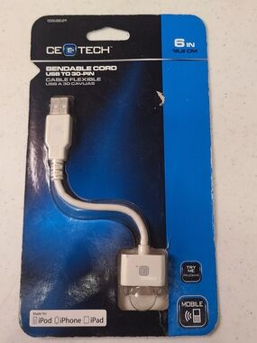CE TECH 6" Bendable Cord USB to 30-Pin Cable for iPod iPhone iPad New In Pack